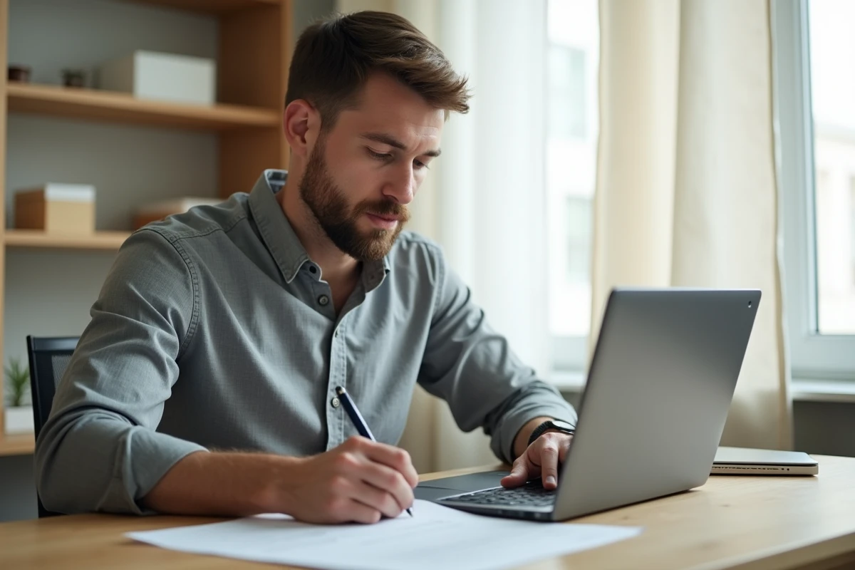 Homme rédigeant une lettre de rupture conventionnelle à son domicile après un refus de l'employeur, assis à un bureau minimaliste