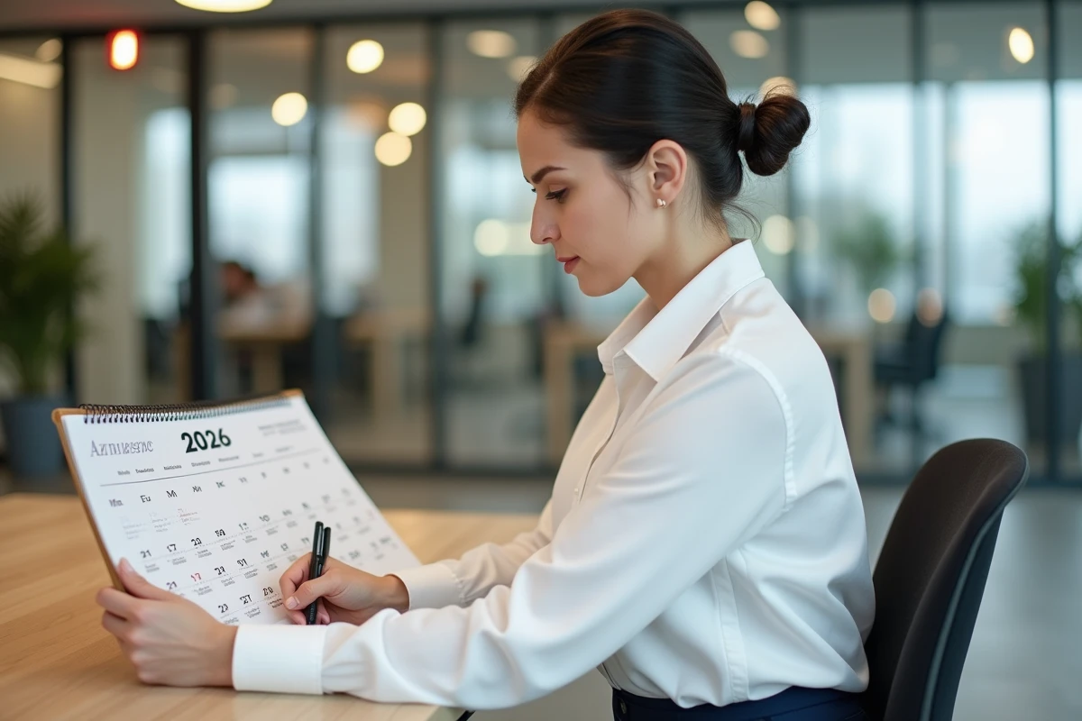Responsable RH femme analysant un calendrier des jours travaillés 2026 dans un bureau moderne