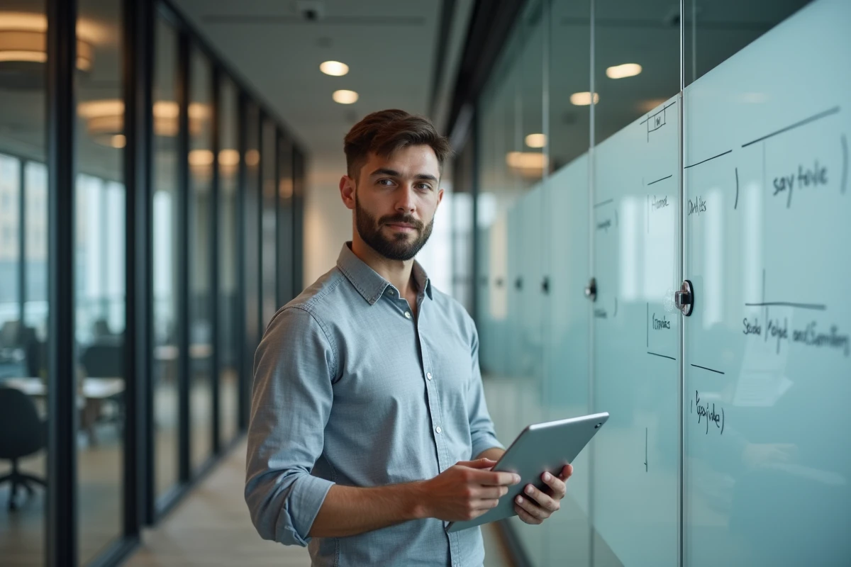 Responsable RH masculin consultant un tableau de bord de paie sur tablette devant une salle de réunion vitrée
