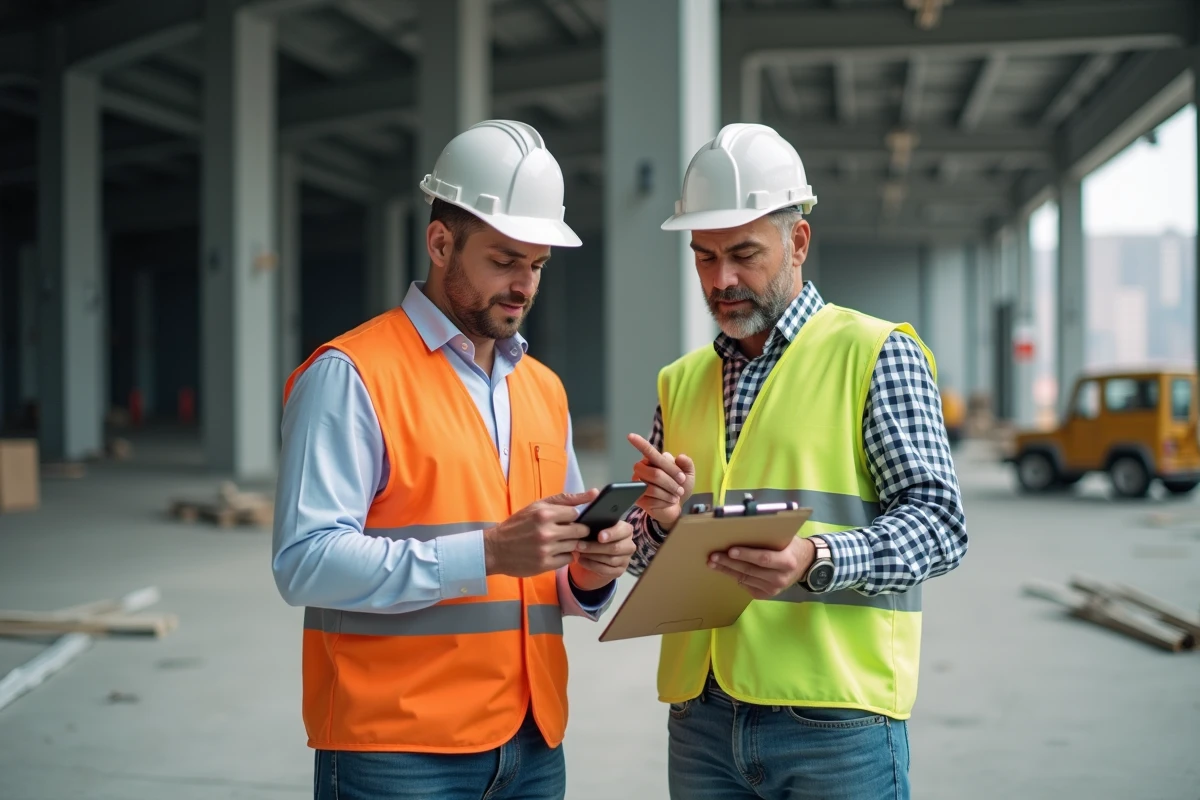 Deux responsables de chantier BTP consultant une application de gestion des coûts en temps réel sur smartphone lors d'une réunion de chantier