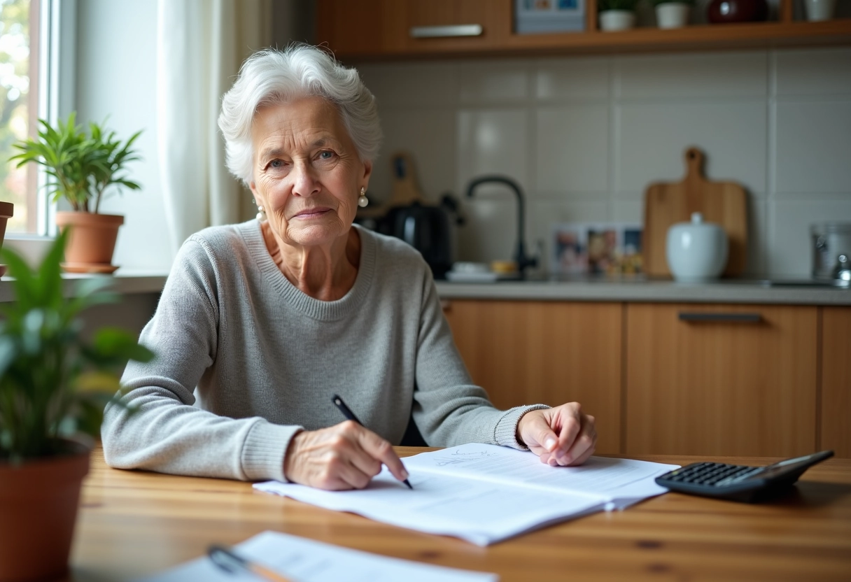 Retraitee consulte ses papiers de pension à la maison