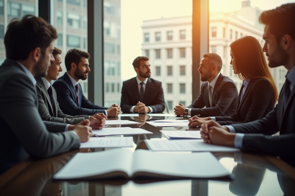 Groupe de professionnels d'affaires examinant des documents juridiques