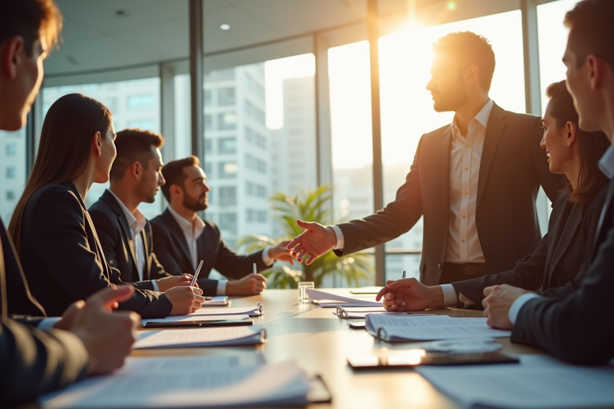 Réunion d'affaires entre professionnels internationaux autour d'une table