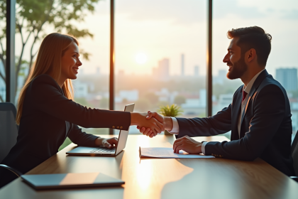 Réunion d'affaires dans un bureau moderne avec poignée de main