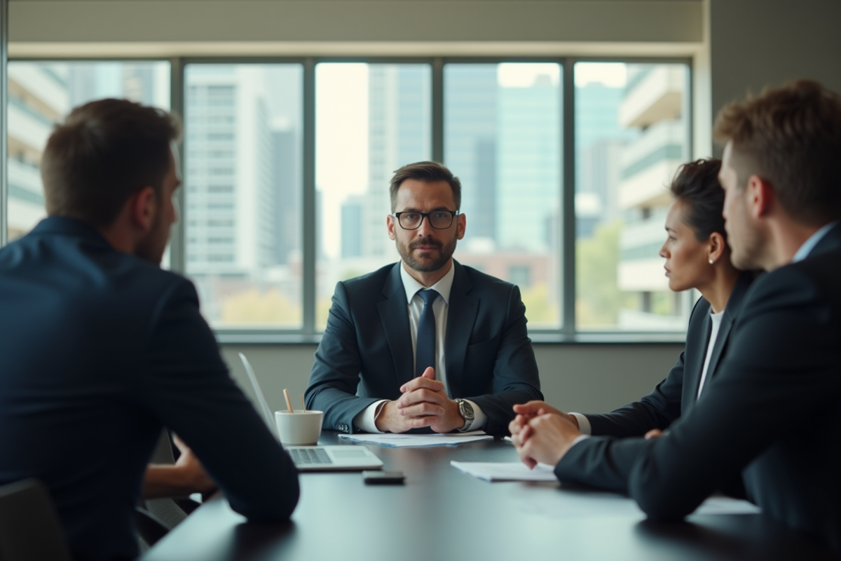 Réunion d'affaires sérieuse avec un leader confiant