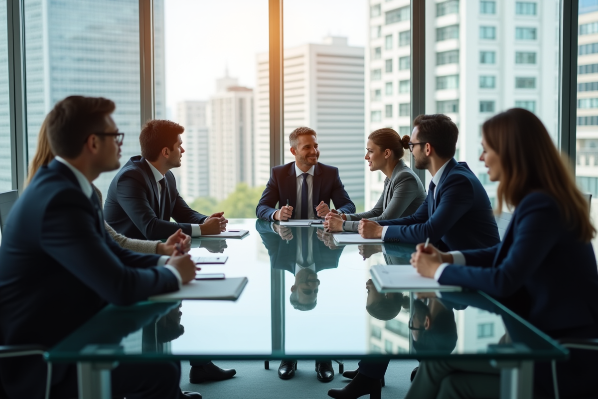 Groupe de professionnels en réunion dans un bureau moderne