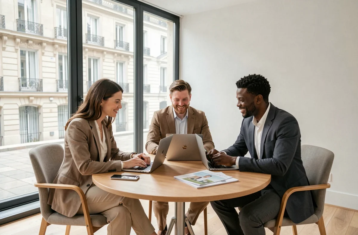 Groupe de professionnels en réunion pour choisir une entreprise de portage salarial à Paris