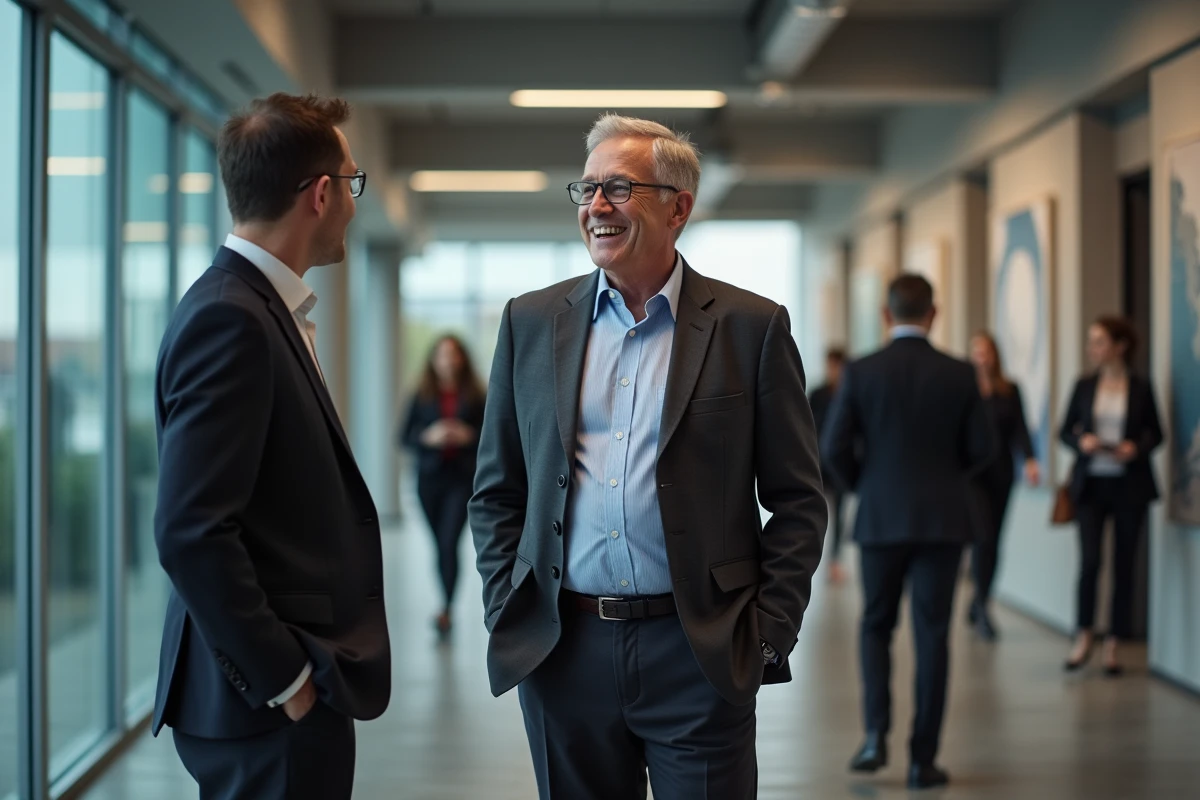 Homme en blazer discutant avec coll&egrave;gues dans un couloir