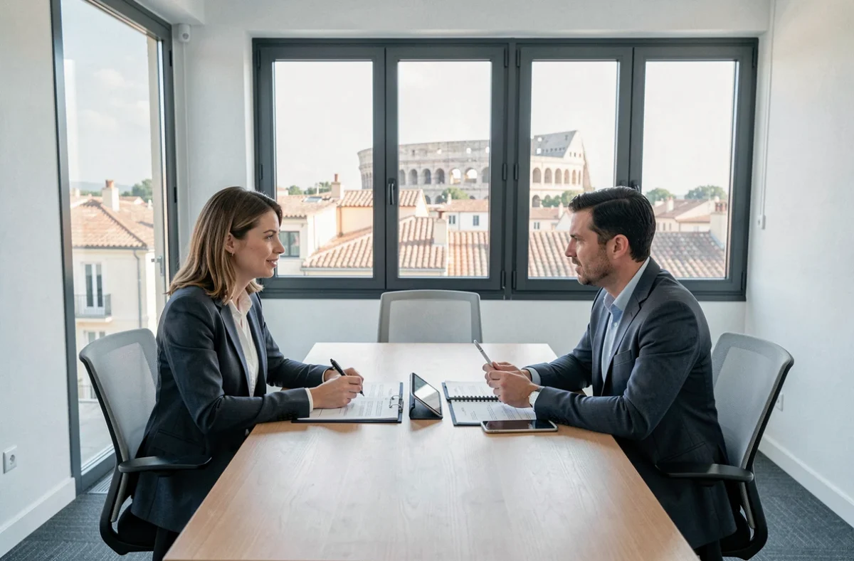 Deux professionnels en réunion de conseil pour la création et domiciliation d'une société à Nîmes