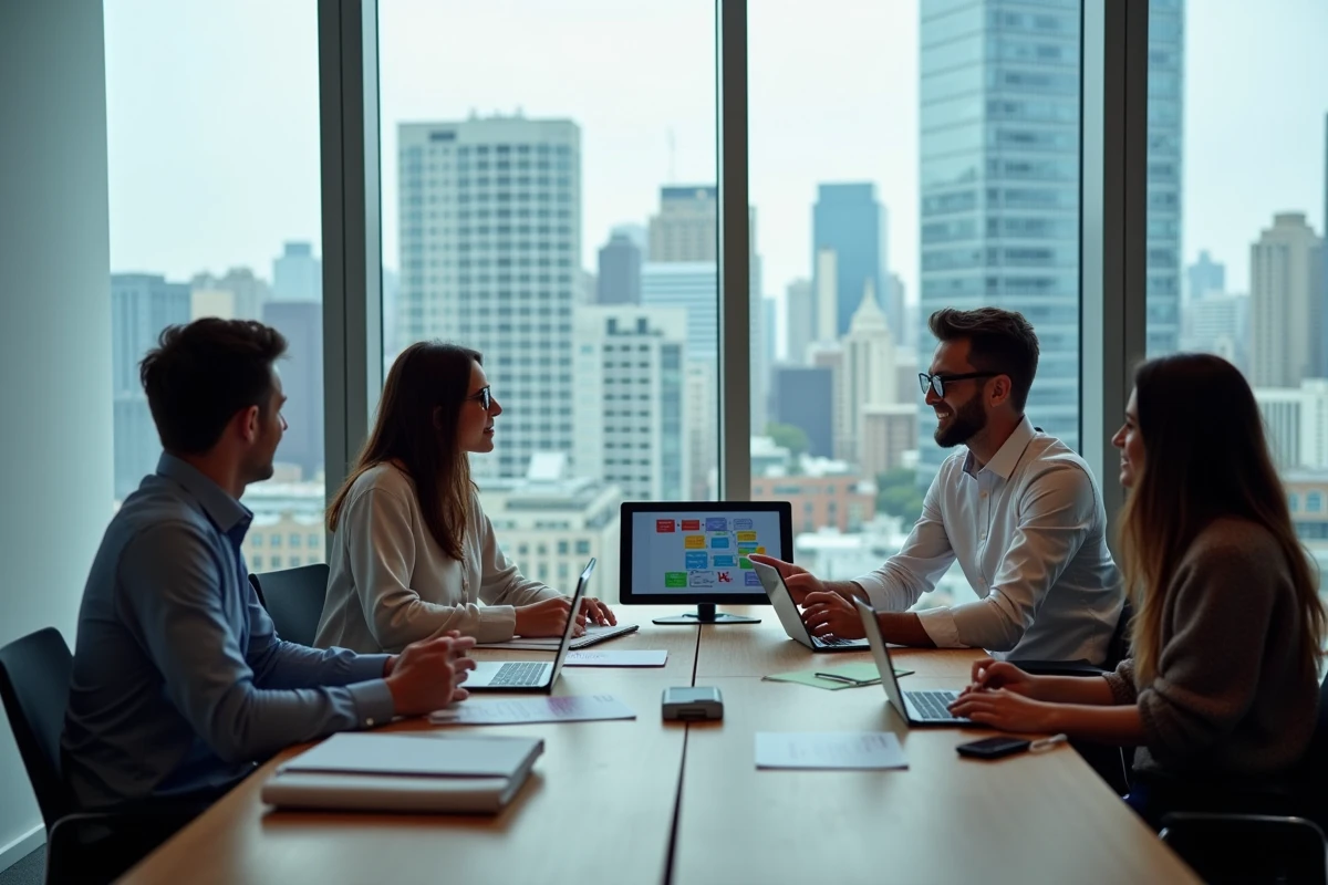 Groupe de professionnels en r&eacute;union brainstorming en ville