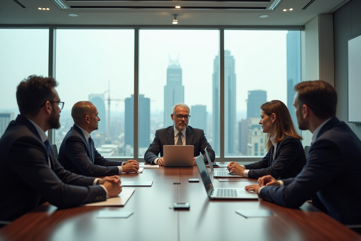 Réunion de professionnels dans une salle moderne avec skyline