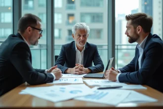 Réunion professionnelle autour d'un partenariat public-privé avec des documents et plans architecturaux sur une table de conférence moderne