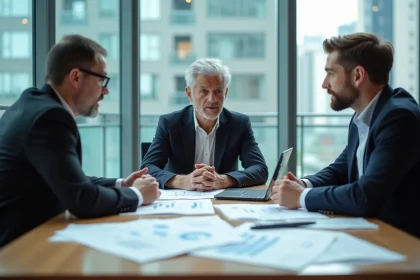 Réunion professionnelle autour d'un partenariat public-privé avec des documents et plans architecturaux sur une table de conférence moderne