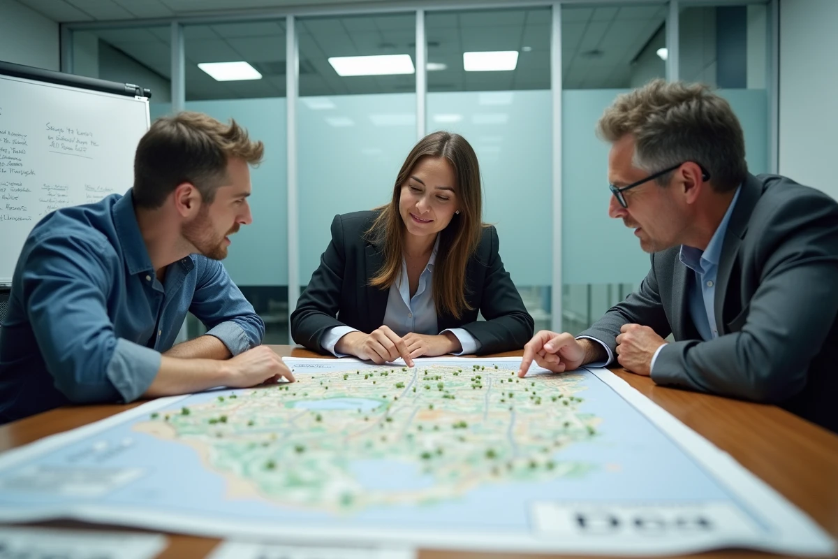 Équipe de collectivité territoriale étudiant une carte économique régionale lors d'une réunion de travail