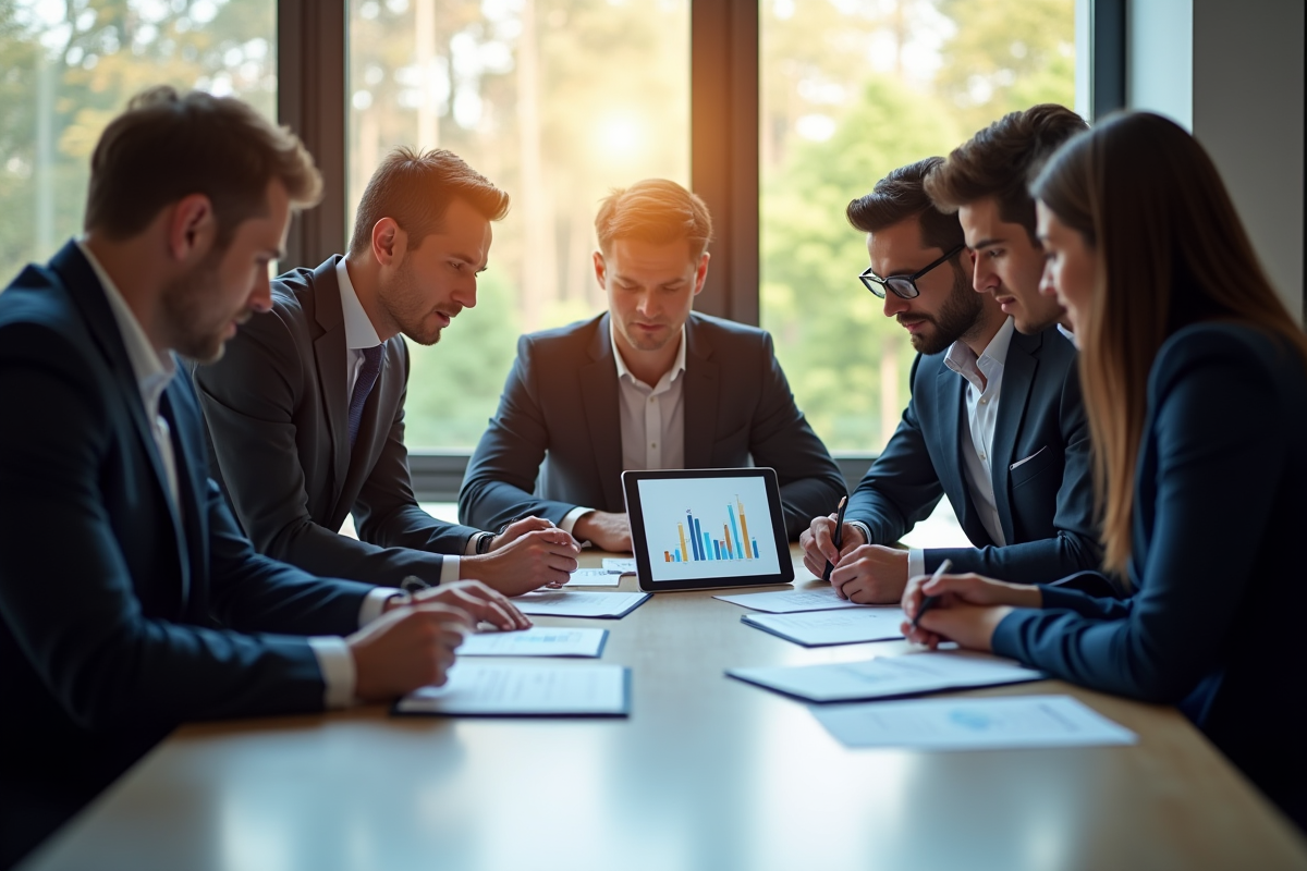 Groupe de professionnels analysant des documents et graphiques