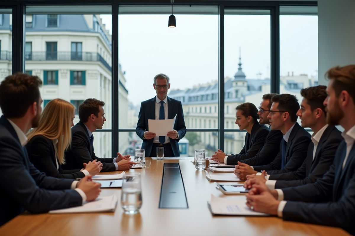 Groupe de professionnels en réunion dans un bureau parisien