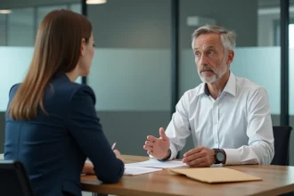 Employée et DRH en réunion formelle pour discuter d'une rupture conventionnelle CDI autour d'un bureau en bois avec des documents officiels