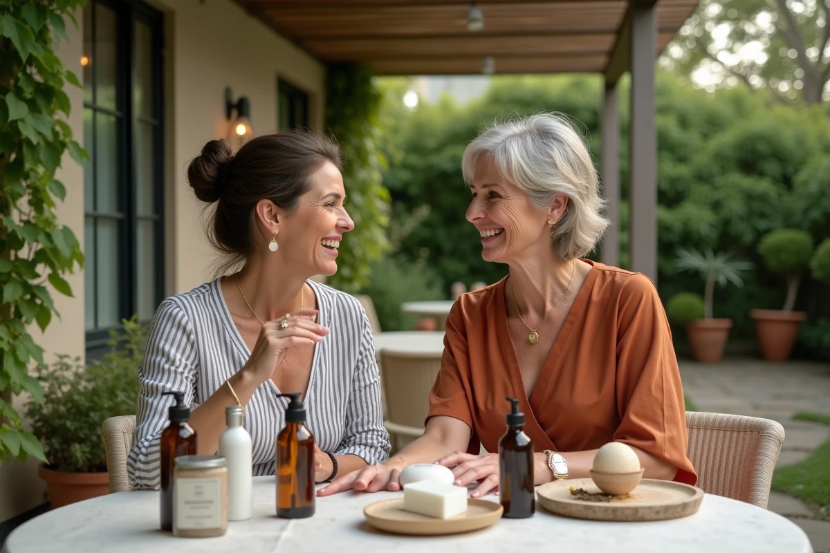 Deux femmes découvrant ensemble des produits de beauté écologiques lors d'une réunion de vente à domicile dans un jardin