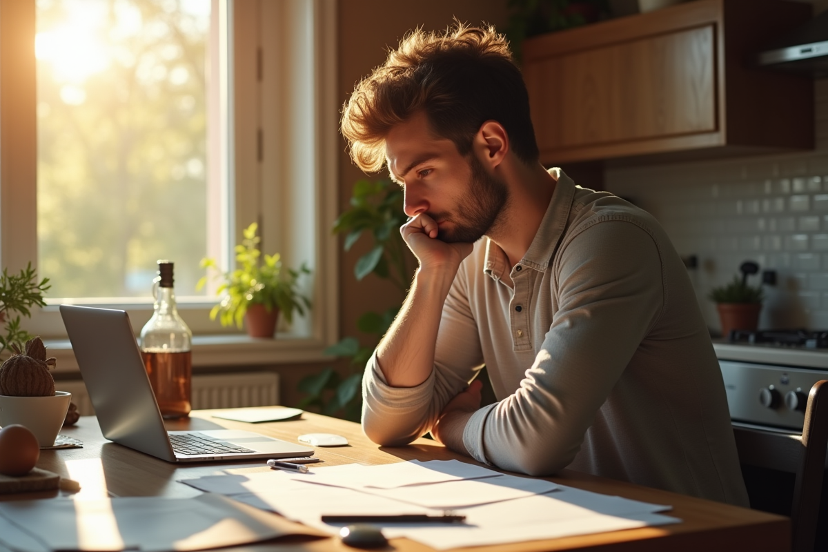 Personne pensant à la maison avec papiers et ordinateur sur la table