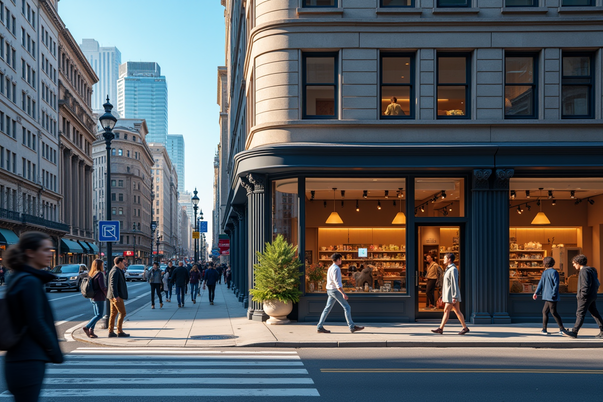 Rue animée avec vitrine commerciale et passants