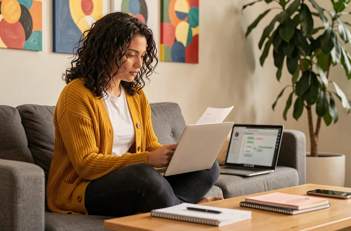 Sarah El Gharbi, consultante SEO, révisant une stratégie de contenu optimisée sur son ordinateur portable dans un espace créatif