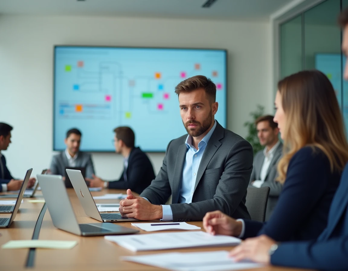 Séance de travail en équipe autour d'une table de réunion high-tech, consultant analysant des rapports de stratégie et d'innovation
