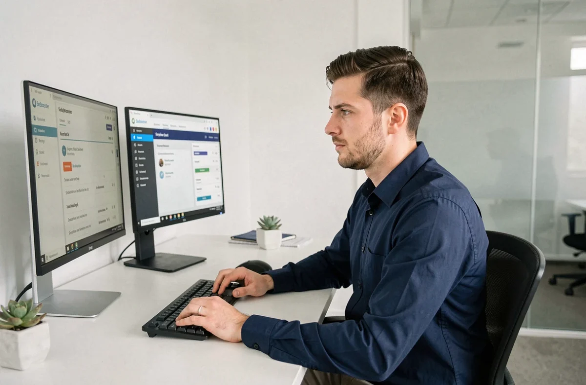 Analyste SEO travaillant sur le tableau de bord Seobooster avec des outils de recherche de mots-clés