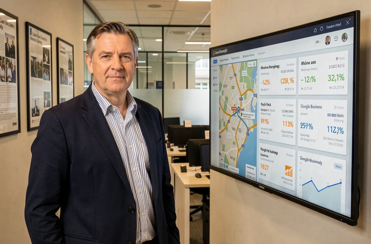 Stéphane Arrami, consultant SEO local, devant un tableau de bord de référencement local pour le département du Rhône