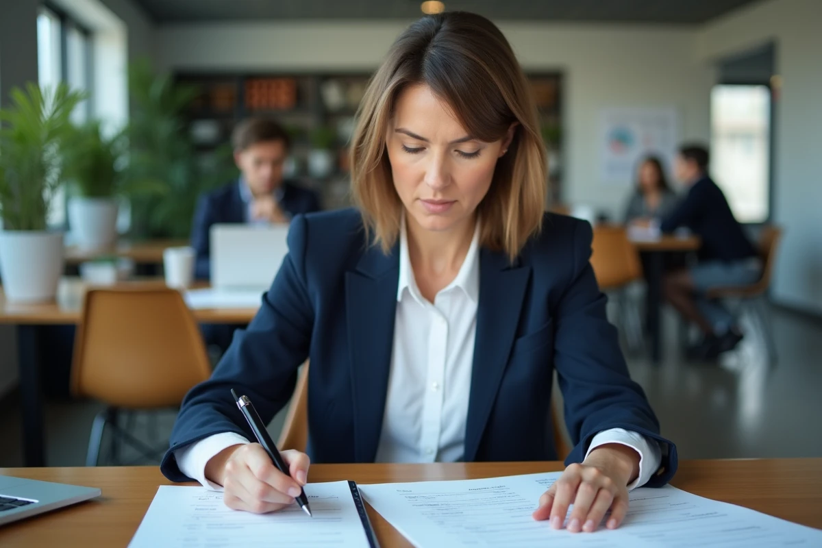 Professionnelle analysant une liste de prospects dans un bureau moderne pour choisir sa stratégie de prise de contact