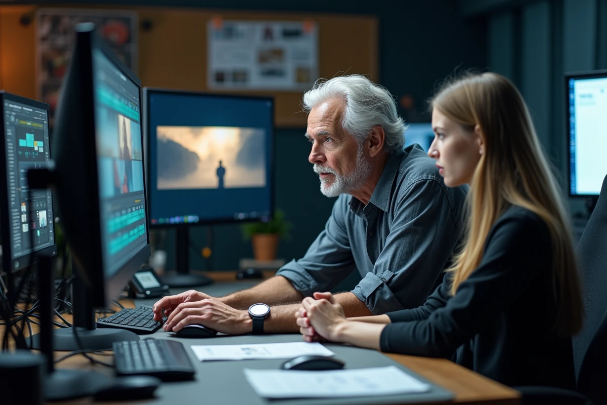 Producteur exp&eacute;riment&eacute; en studio de post-production collaborant avec une monteuse devant des &eacute;crans de montage vid&eacute;o