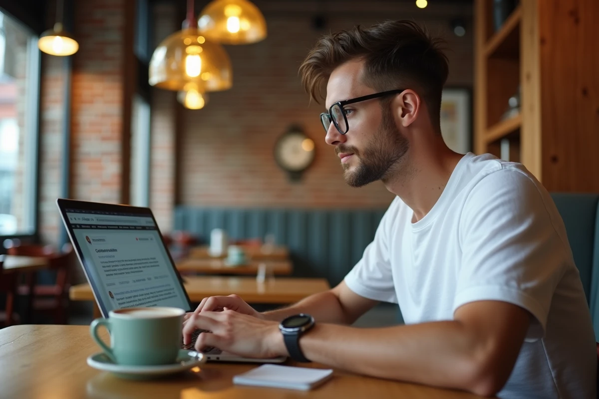 Jeune homme avec lunettes contactant le support client via un chat en ligne sur son ordinateur portable dans un café urbain