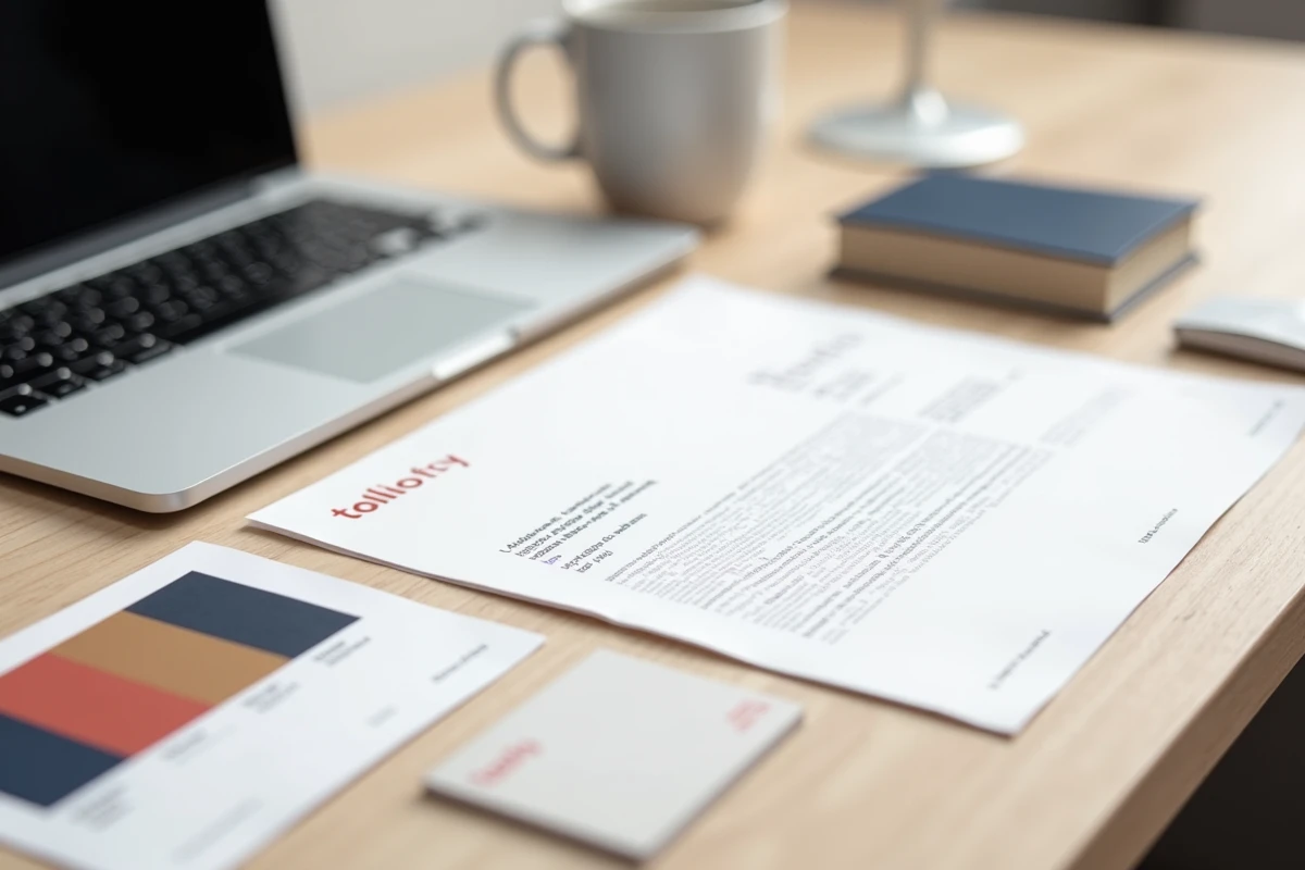 Détail de supports de communication et d'identité de marque imprimés sur bureau pour une entreprise professionnelle