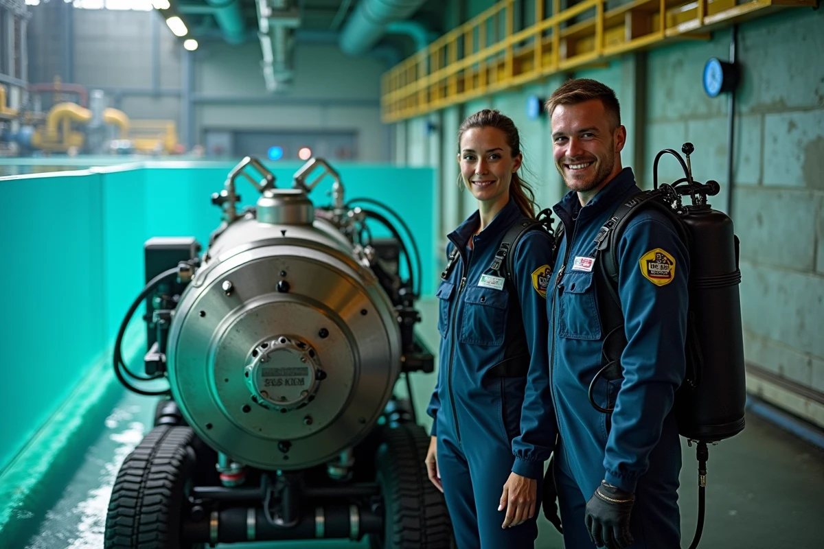 Techniciens inspectant un ROV devant un bassin de test en installation de technologie sous-marine profonde