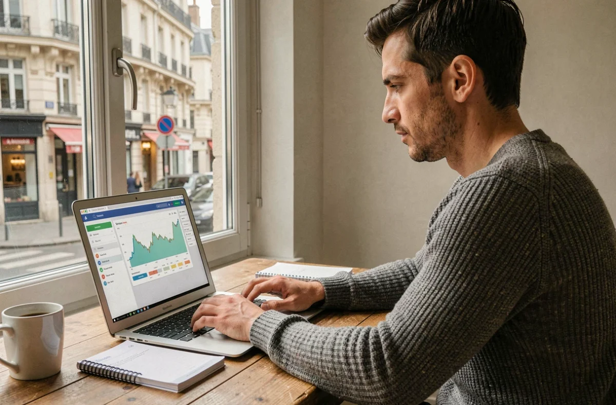Homme en télétravail consultant une application de suivi du temps de travail depuis son bureau à domicile