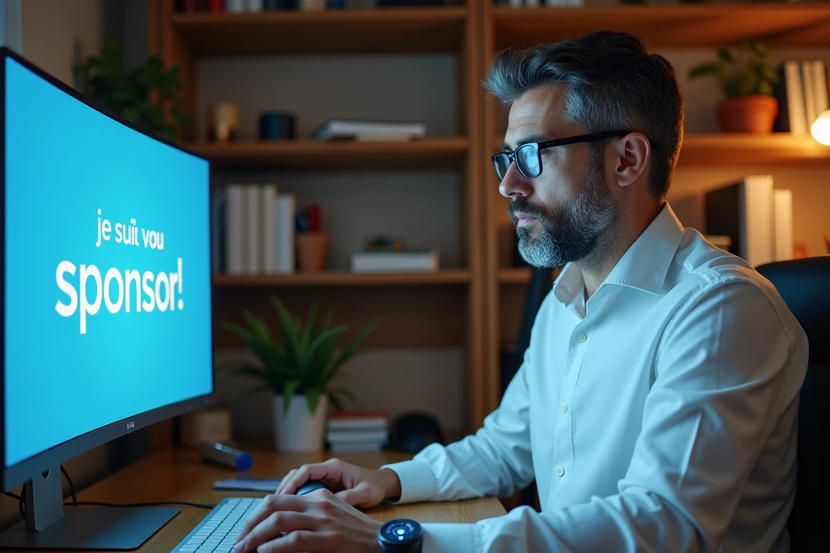 Homme en télétravail repérant une erreur de traduction du mot sponsor dans une présentation PowerPoint bilingue sur son écran d'ordinateur