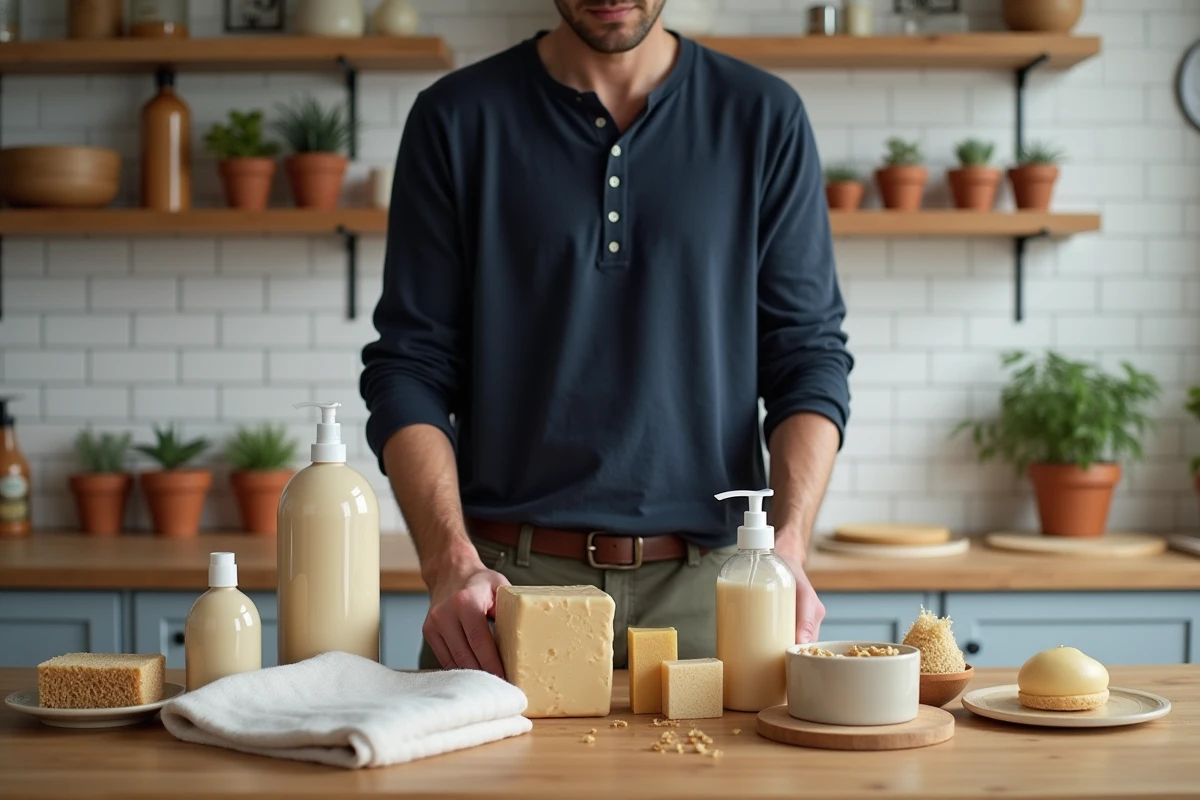 Vendeur à domicile présentant une sélection de produits ménagers durables et zéro déchet sur un comptoir de cuisine