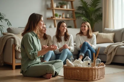 Femme présentant des produits écologiques lors d'une vente à domicile dans un salon chaleureux et naturel