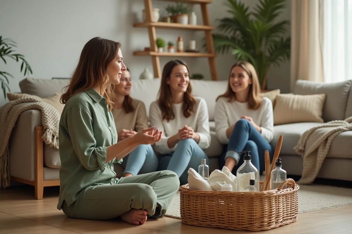 Femme présentant des produits écologiques lors d'une vente à domicile dans un salon chaleureux et naturel