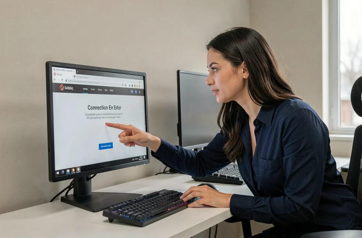 Femme vérifiant une adresse URL incorrecte sur un écran d'ordinateur de bureau en open space