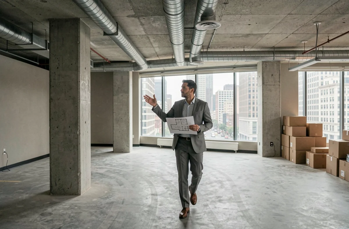 Homme inspectant un plateau de bureaux vide avec des défauts visibles lors d'une visite de location à Levallois-Perret