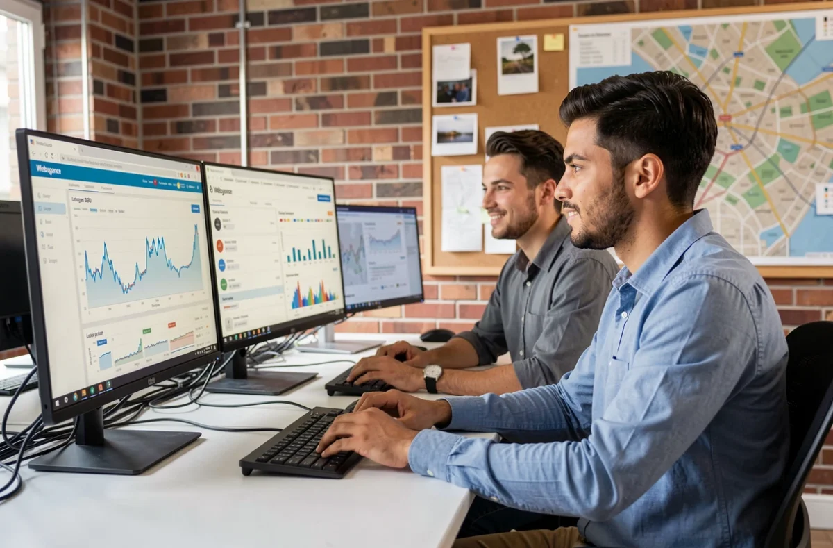 Duo de professionnels de Webagence analysant des données SEO locales pour la région de Limoges