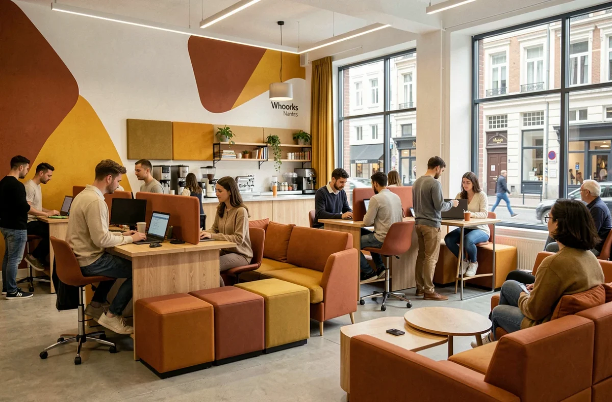 Whoorks Nantes, espace de coworking au design contemporain avec mobilier coloré et professionnels en activité