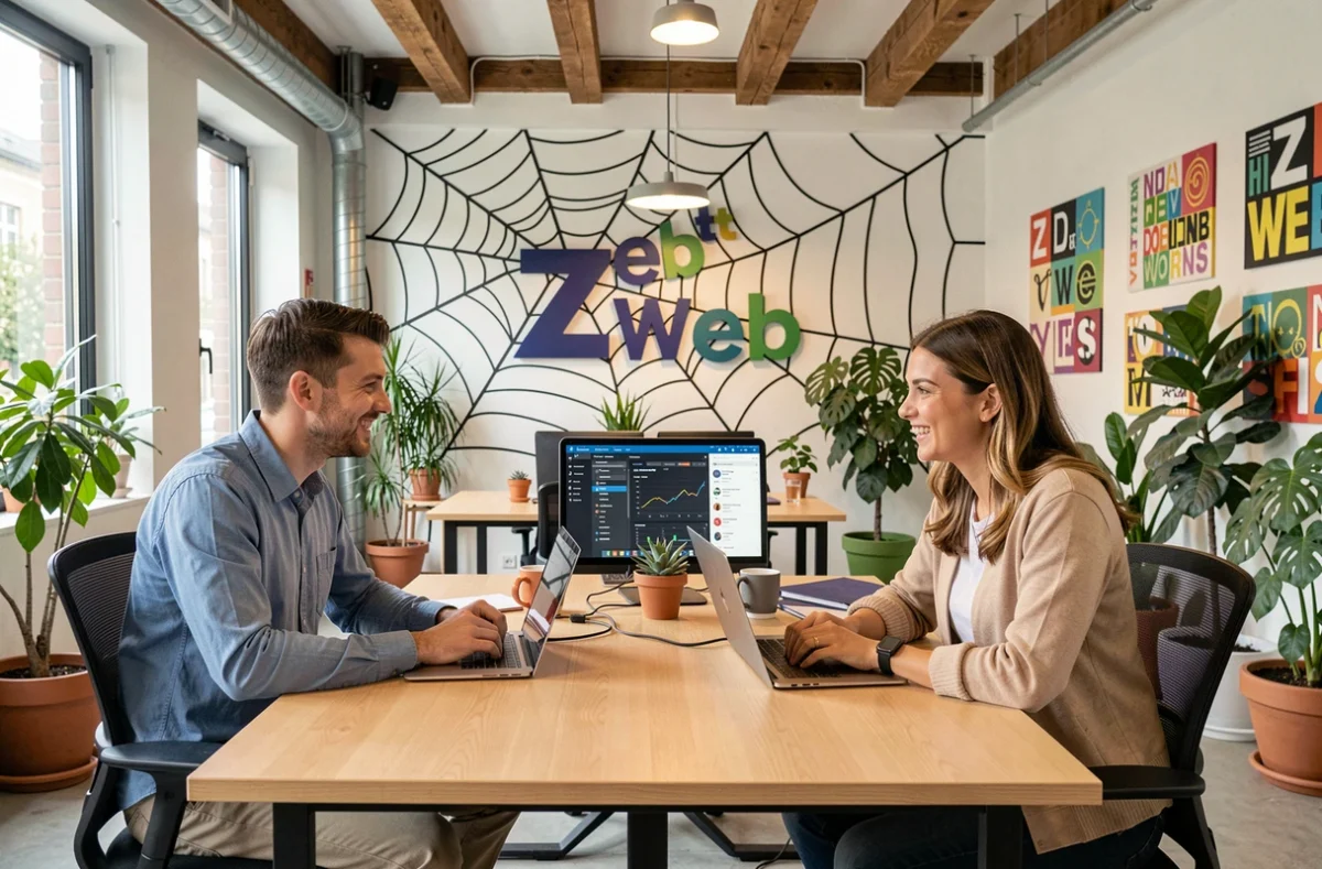 L'équipe de Zeb et Web, agence SEO créative, travaillant dans leur bureau coloré avec des éléments graphiques de leur marque
